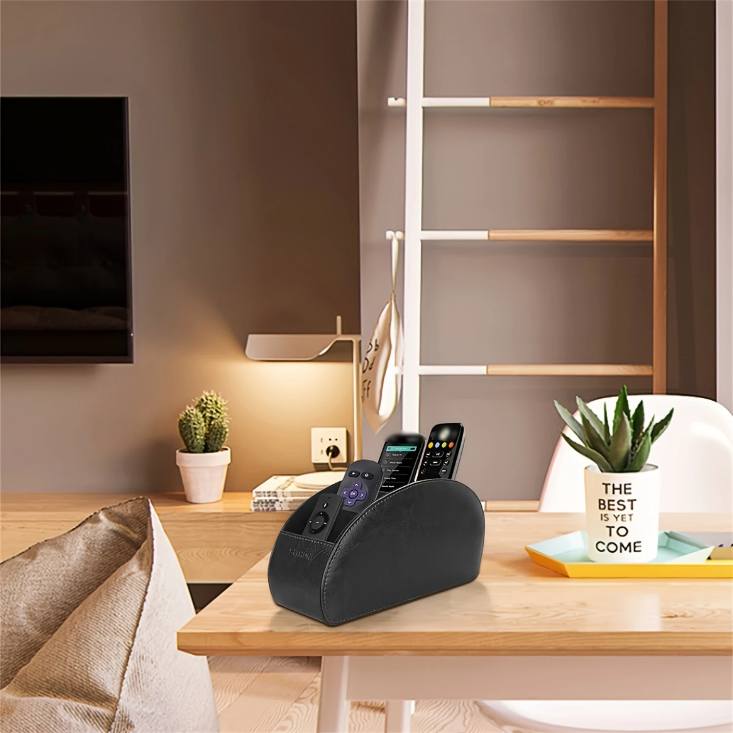 5 Compartment PU Leather Caddy Desktop Organizer for TV, DVD, Blu-Ray, Media Player, Heater Controllers