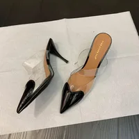 2024Patent Leather PVC Pumps Stiletto Sandals Pointed Toe  Straps Heart Detailing at the Toes High Heel Slippers Wedding Shoes - Image 5