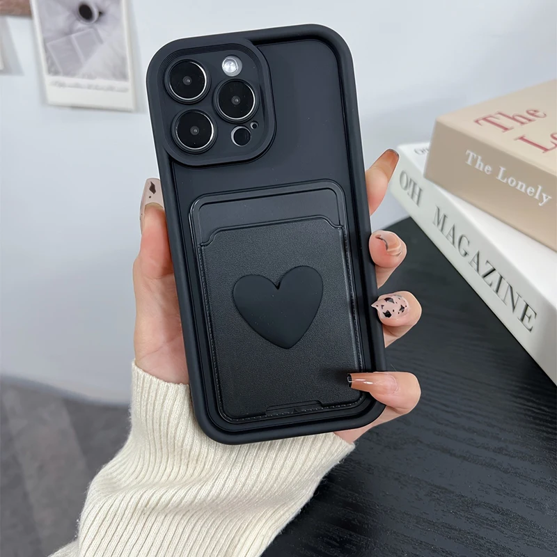 3D Love Heart Silicone Card Holder Phone Case - Shockproof Pocket Cover