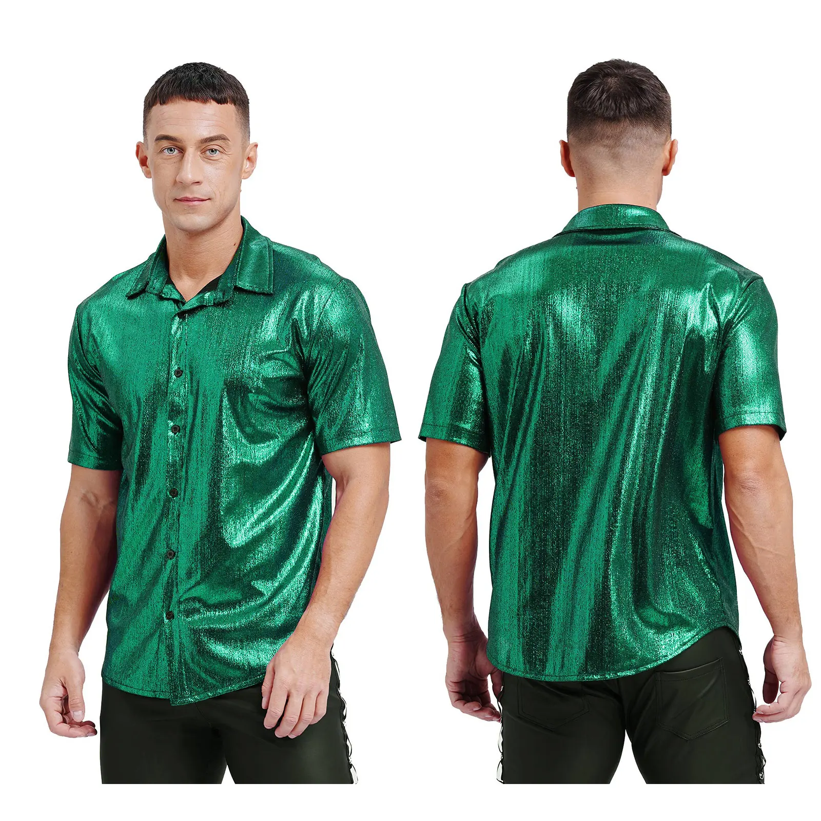 TiaoBug Mens Disco Party Outfit Metallic Shiny Shirt Turn-Down Collar Short Sleeve Button Tops for Nightclub Stage Performance