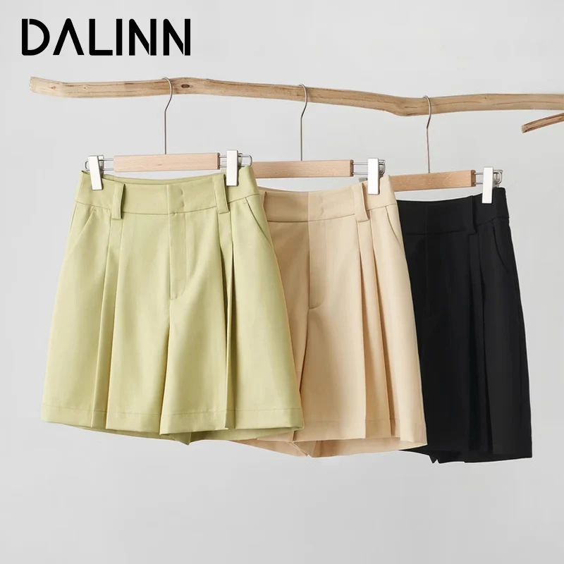 Woman Wide Leg Shorts, Casual Style Solid Chic Short Trousers, 2024 Spring Summer Office Lady Bottoms, Beige, Green DALINN