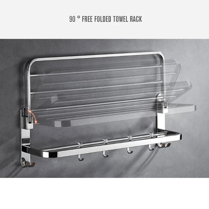 Stainless Steel Wall Mounted Foldable Bath Towel Rack Rail Holder Punch-Free Bathroom Storage Shelf with 4 Sliding Hooks