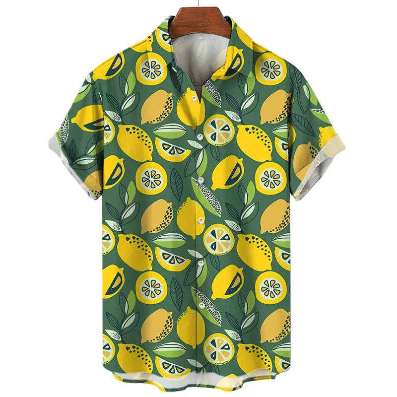 thumbnail image 1 of Camisa hawaiana con estampado de frutas y plátanos para hombre, camisas hawaianas con estampado 3D de limón y naranja, blusas casuales de calle con solapa, blusa holgada de manga corta, 1 of 5