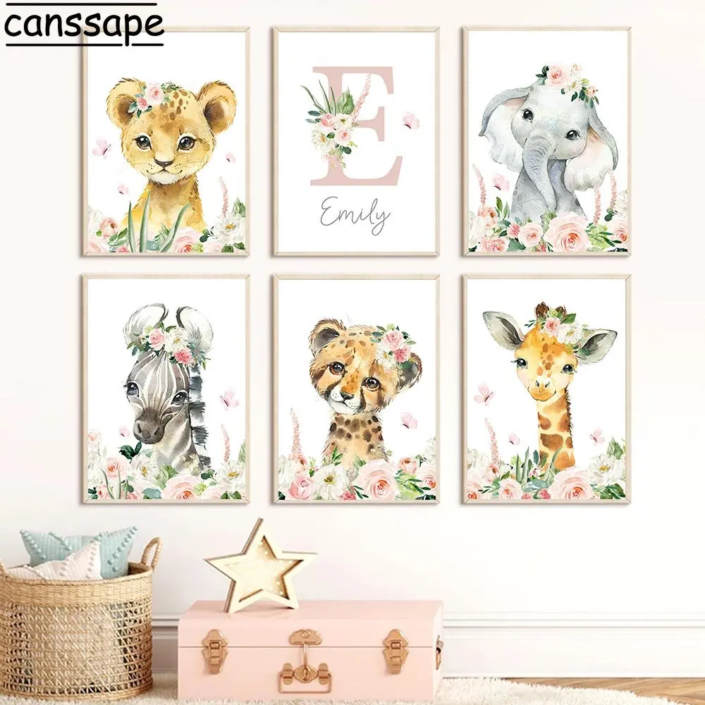 

Custom Name Canvas Painting Lion Koala Elephant Print Pictures Zebra Giraffe Flower Wall Art Nursery Poster Baby Girl Room Decor