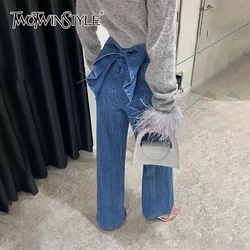 TWOTWINSTYLE Patchwork Bowknot Loose Denim Pant For Women High Waist Spliced Zipper Casual Wide Leg Jeans Female Fashion Style