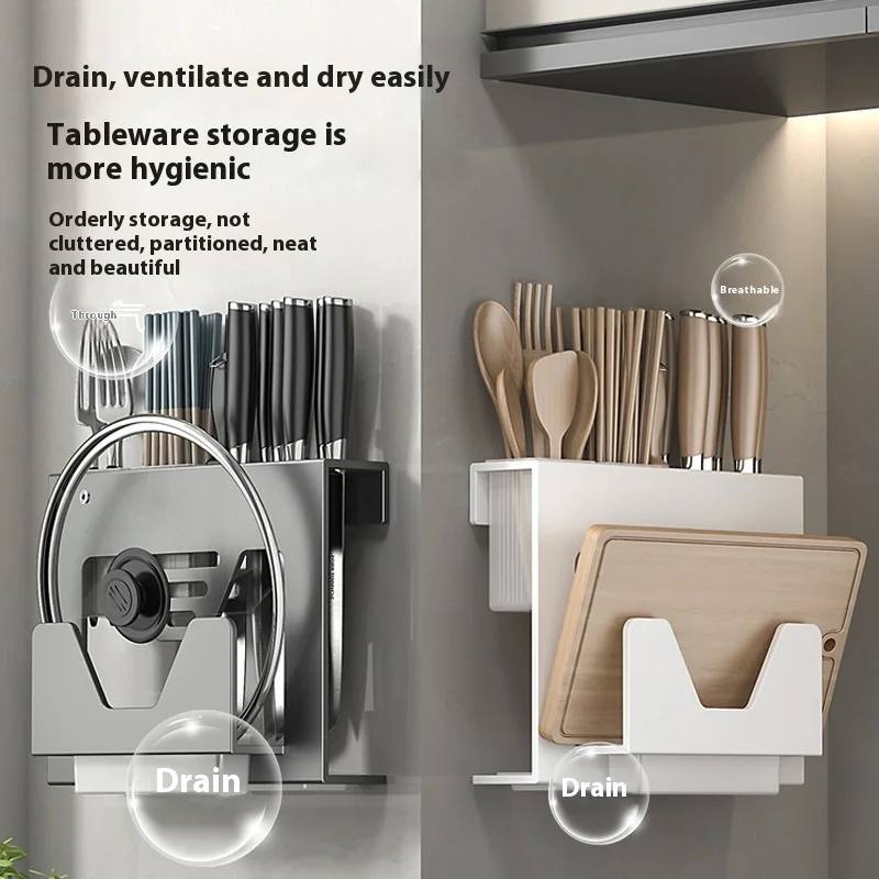 Stainless steel kitchen knife holder, wall mounted pot cover holder, multifunctional storage rack, chopstick holder