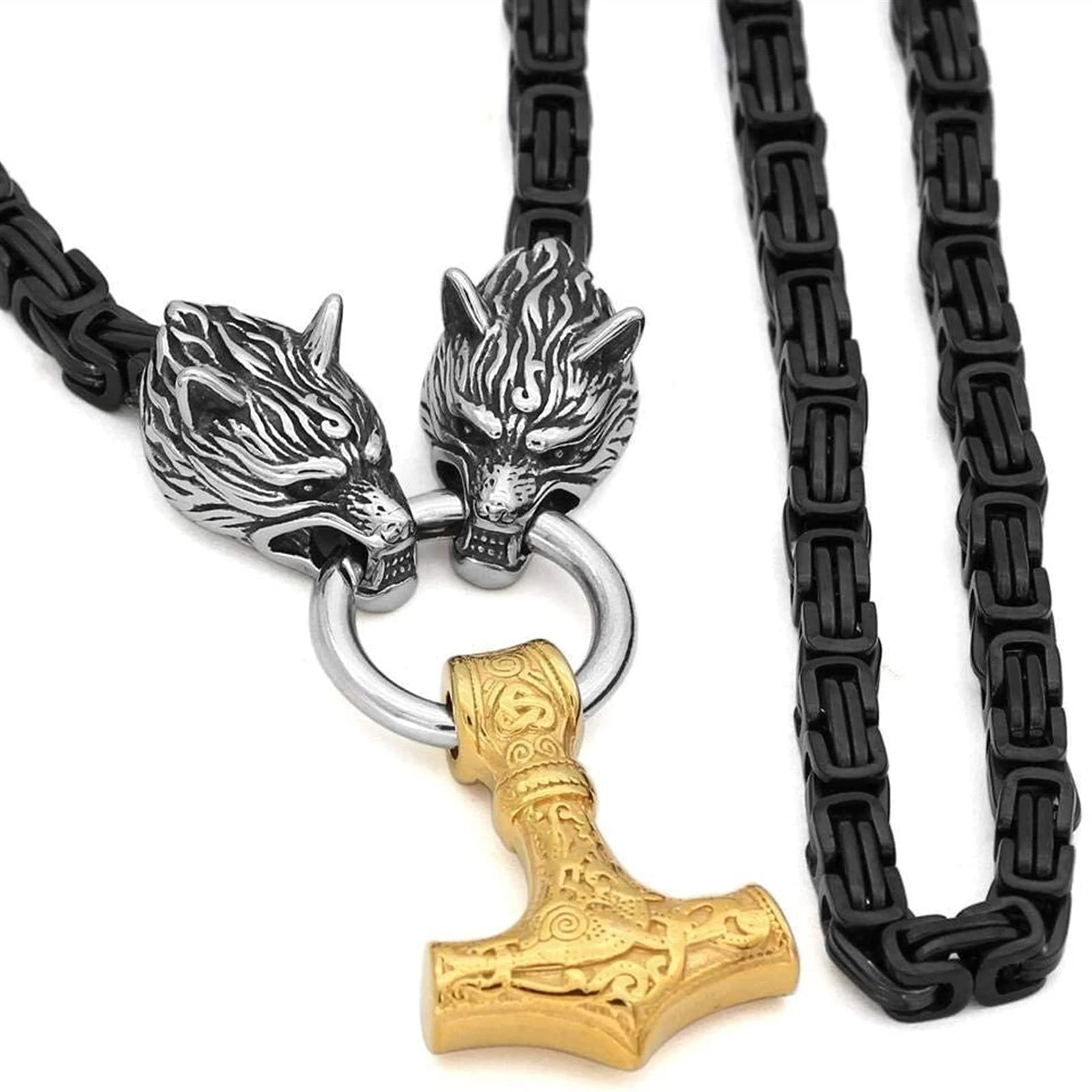 FANDAO Viking Men's Wolf Head Necklace, Celtic Thor's Hammer Pendant, Steel Square King Chain Pagan Amulet Jewelry Gift