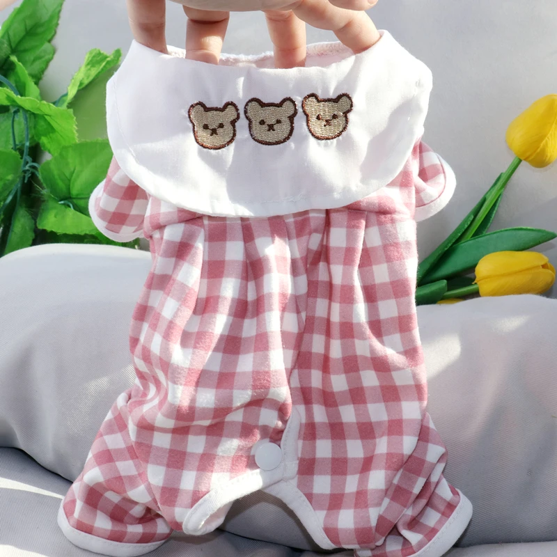 

Pink Bear Embroidered Dog Clothes Pet Four-legged Loungewear Pomerian Summer Puppy Plaid Jumpsuit Pet Supplies