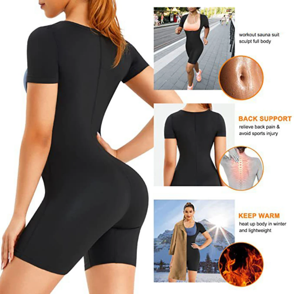 Sports Suit Home Sauna Suit for Women Sweat Vest Waist Trainer 3 in 1 Slimming Full Body Shaper Workout Fitness Top with Sleeve Shorts