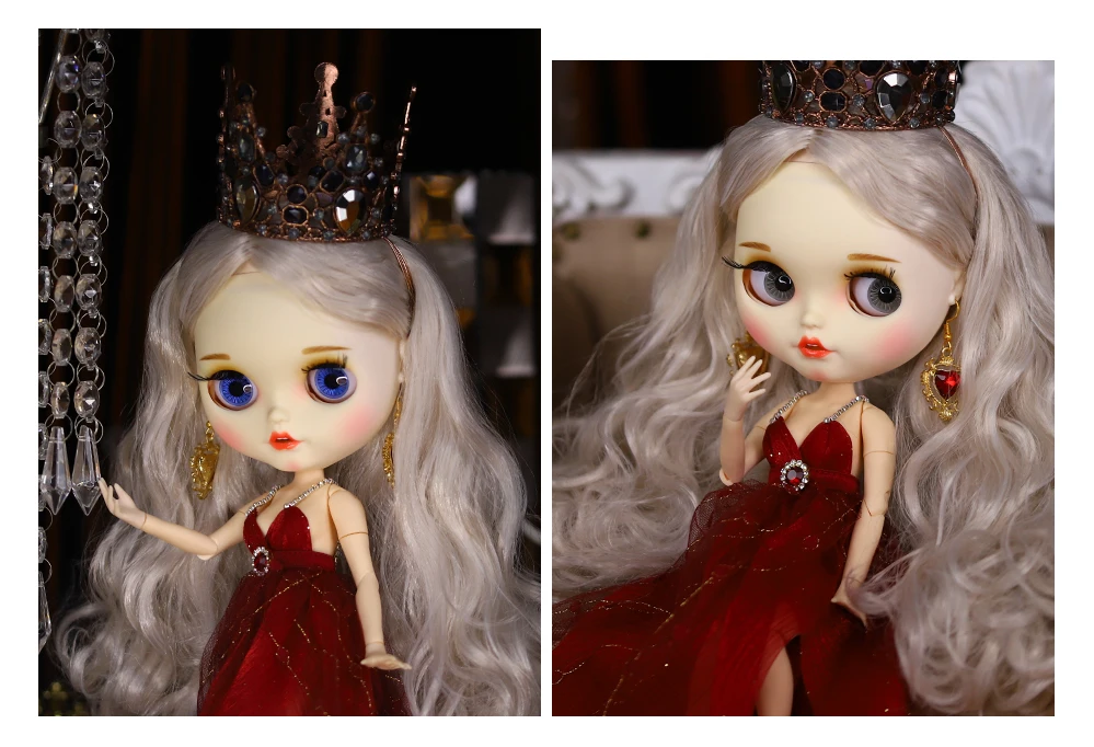 Neo Blythe Doll Queen Red Gown with Crown & Earrings 2