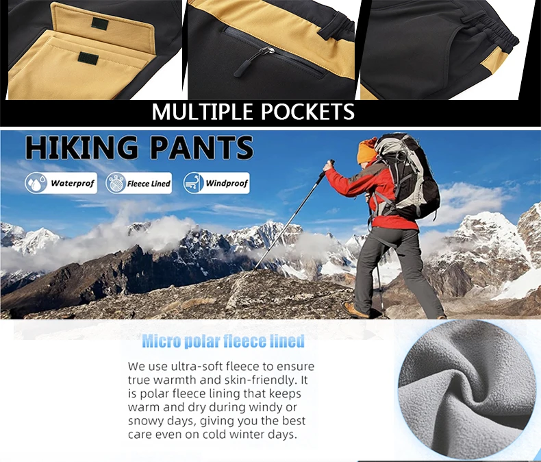 Description Picture 6 of itemWinter Mens Softshell Hiking Pants Outdoor Thick Warm Fleece Waterproof Fishing Skiing Camping Windproof Multi Pockets Trousers