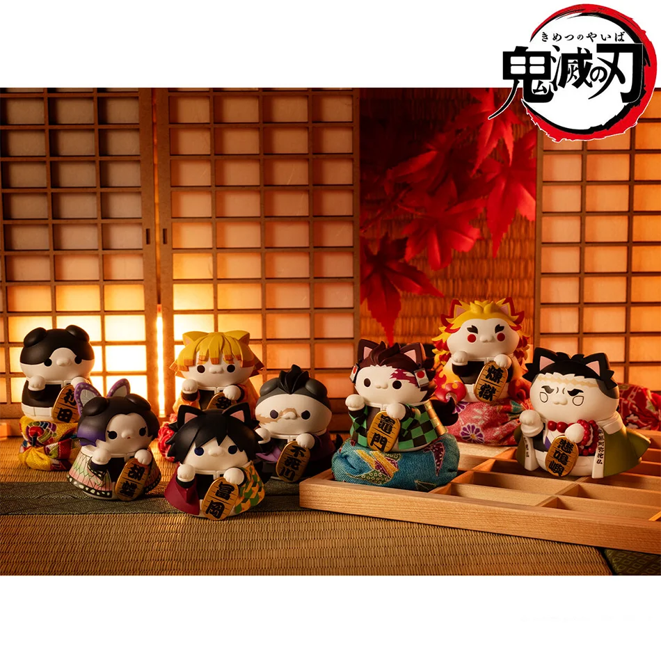 8pcs Q Version Demon Slayer Sitting Ghost Doll Tanjiro Nezuko Inosuke Zenizu Toy Figure Lucky Cat Series PVC Model Birthday Gift