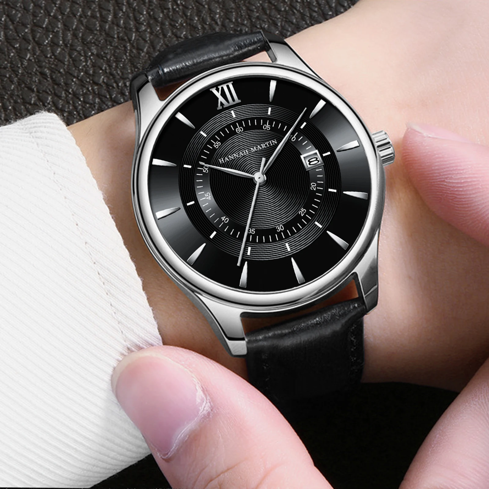 Hannah Martin Dropshipping Black Leather Watches Top Casual Fashion 42mm Business Style Gift Mens Quartz Wristatch Reloj Hombre 5