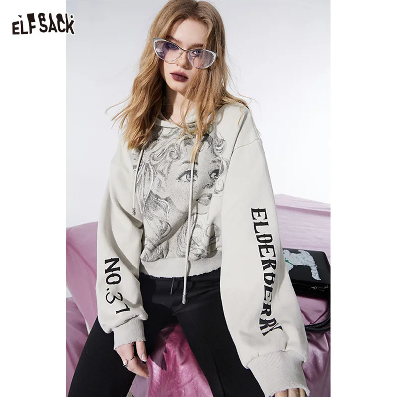 ELFSACK cartoon printing grey croppped hooded for women fit in spring street style casual loose top
