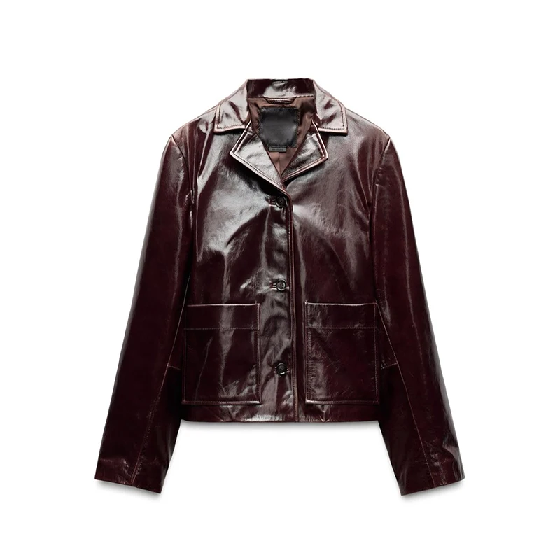 Vintage PU Leather Lapel Jackets Women Casual Loose Single Breasted Jackets Female 2025 Spring Chic High Street Outwear Tops