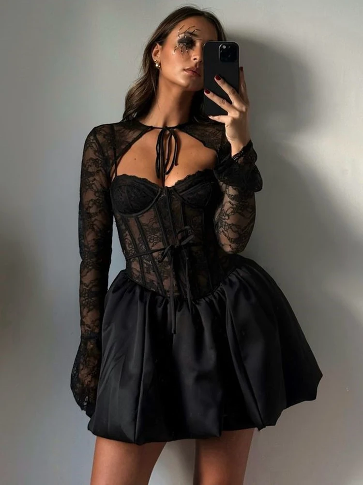 Mozision Black Lace Puffball Sexy Mini Dress For Women Fashion Lace-up Sheer Long Flare Sleeve High Waist Club Party Dress 6