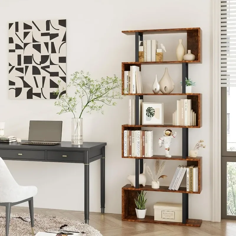 Description Picture 6 of itemYusong Geometric Bookcase, S Shaped Bookshelf 6-Tier Book Shelves for Bedroom, Modern Wood Decorative Display Shelf, Bown