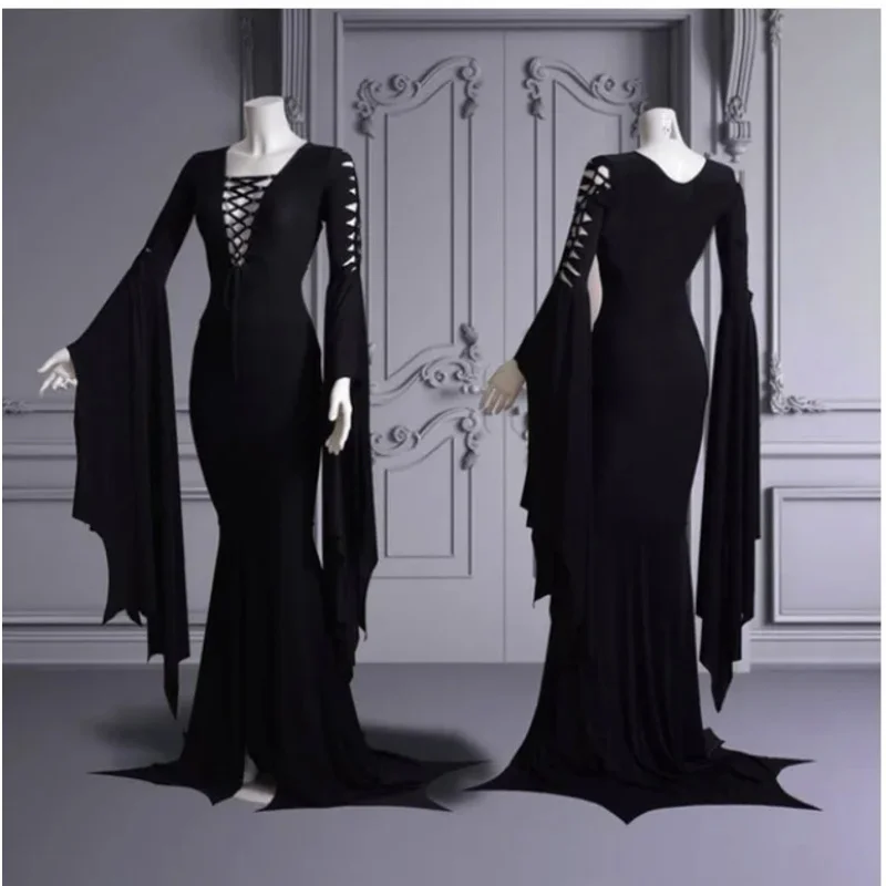 Wednesday Morticia Addams Cosplay Floor Dress Costume Adult Women Punk Gothic Witch Vintage Sexy Lace Up Slim Gown Halloween