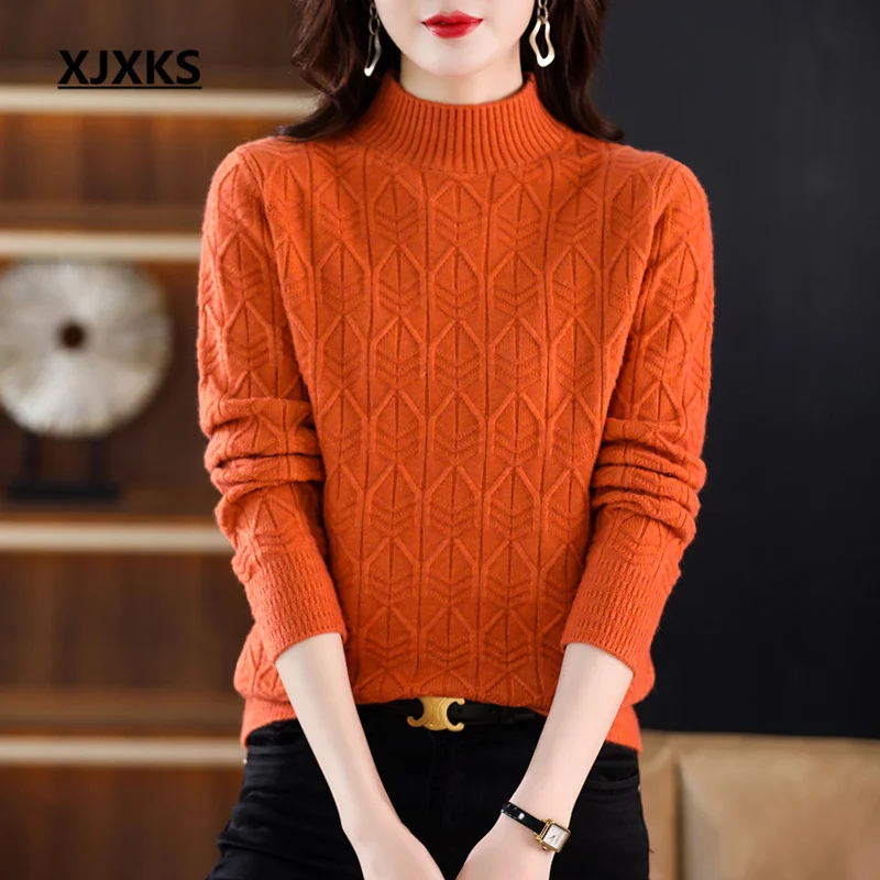 

XJXKS 2022 Autumn Winter New Solid Color All-match Wool Knit Pullover Warm Comfortable Thickened Women's Turtleneck Sweater