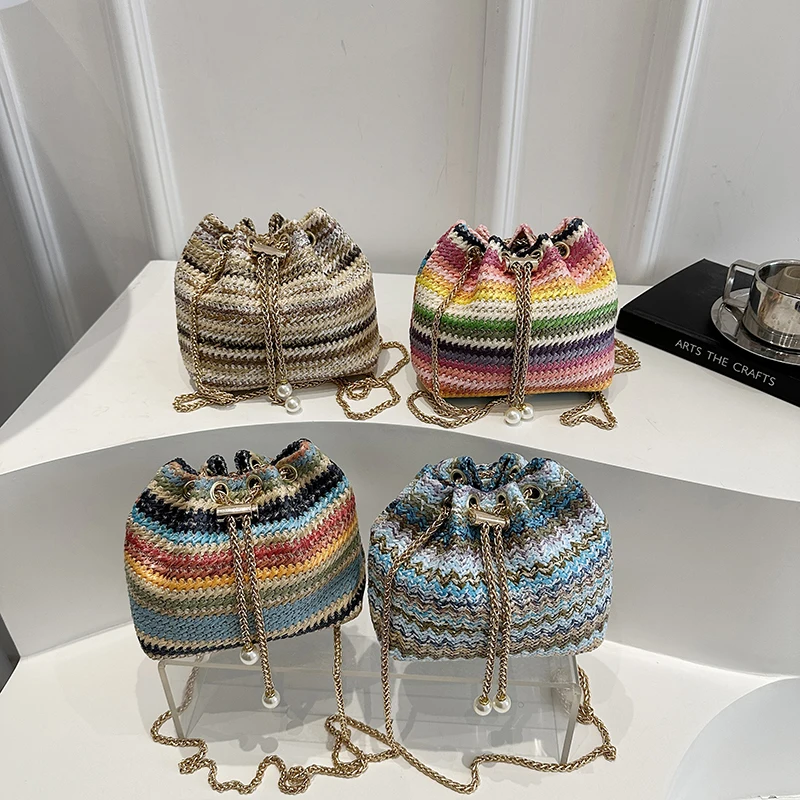 Bohemian Vacation Damen-Umhängetasche, gewebte Colorblock-Ketten-Streifen-Bucket-Bag, leichte Schultertasche mit verstellbarem Riemen – Detail 11
