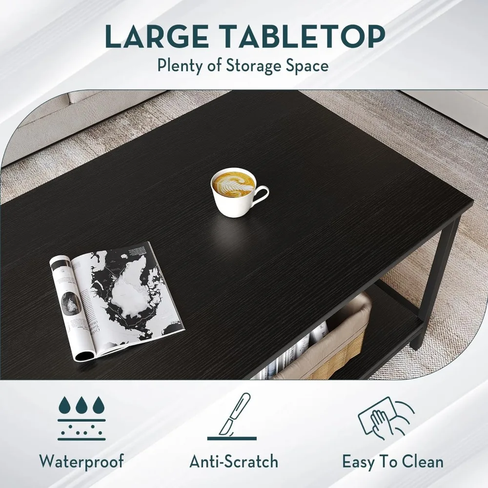 Black Coffee Table for Living Room Modern Rectangle 2-Tier Coffees Table with Storage Industrial Wood Center, Café Tables 4