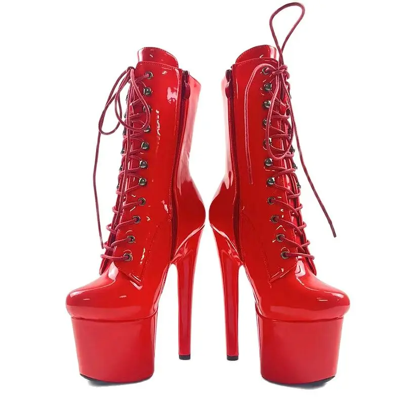 New Red Boot for Women 15CM High Heels Zip Ankle Boots Lace-up Nightclub Knight Black Sexy Pole Dancing Platform Stripper Shoes