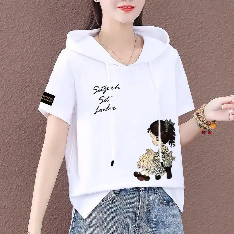 2023new Summer Casual Loose Fit Sports Oversized Printed Fashion Trend Short Front Back Long Hooded Short Sleeve Women's T-shirt