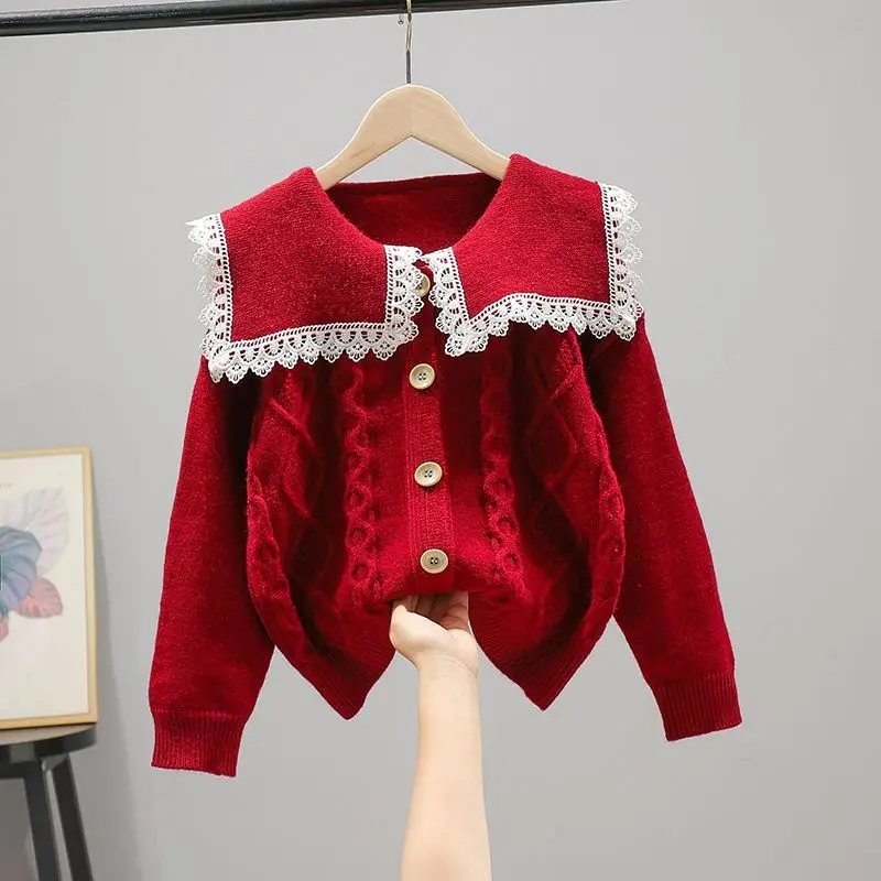 

Children Girls Cardigans 2023 New Spring Sweater Turn Down Collar Clothes Teenager Kids Jacket Girls Knitting Outwear Coat F203