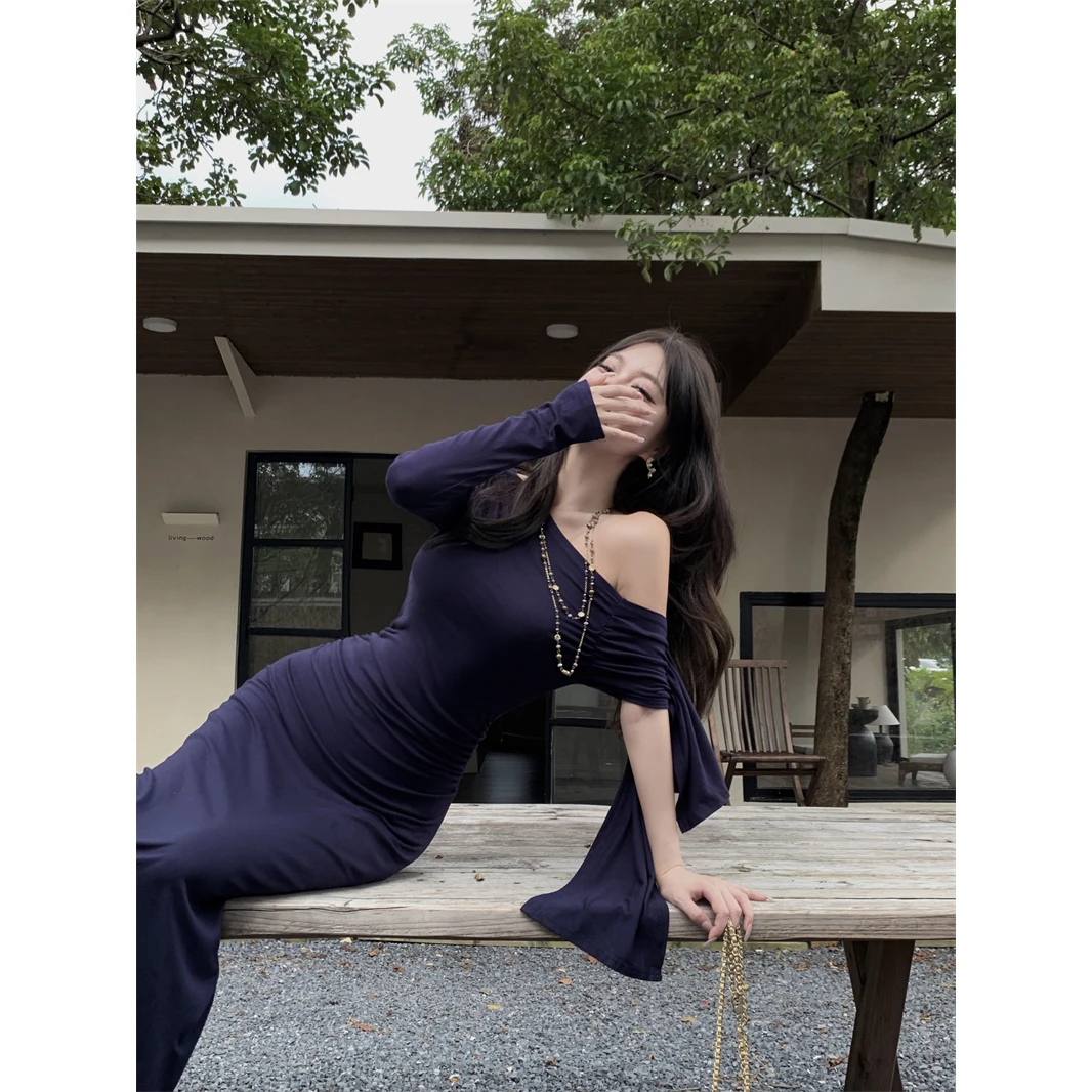 Sexy Long Sleeve Sash Women's Dress Shoulder Bared City Commute Ins Style Midi Skirt Autumn High Waist Slim Fit Urban Fashion