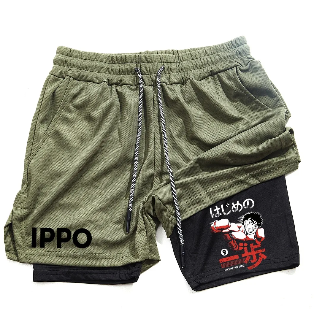 남성용 애니메이션 IPPO 프린트 압축 반바지, 주머니가 있는 운동 성능 체육관 반바지, 빠른 건조 피트니스 운동 복싱, 2 in 1