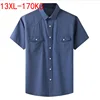 Plus Large Size 13XL 7XL 6XL 4XL Mens Business Casual Short Sleeved Shirt Classic Imitation denim Male Social Dress Shirts Blue 1