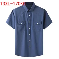 Plus Large Size 13XL 7XL 6XL 4XL Mens Business Casual Short Sleeved Shirt Classic Imitation denim Male Social Dress Shirts Blue 1
