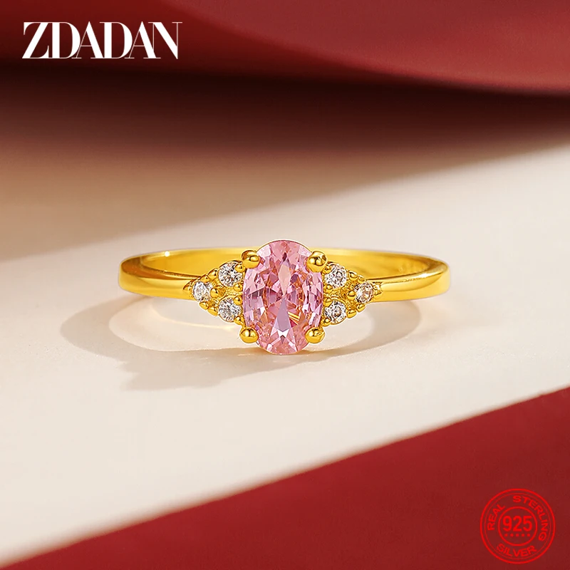 ZDADAN 925 Silber 18K Gold ovaler rosa Zirkon-Ring für Frauen, Hochzeitsschmuck