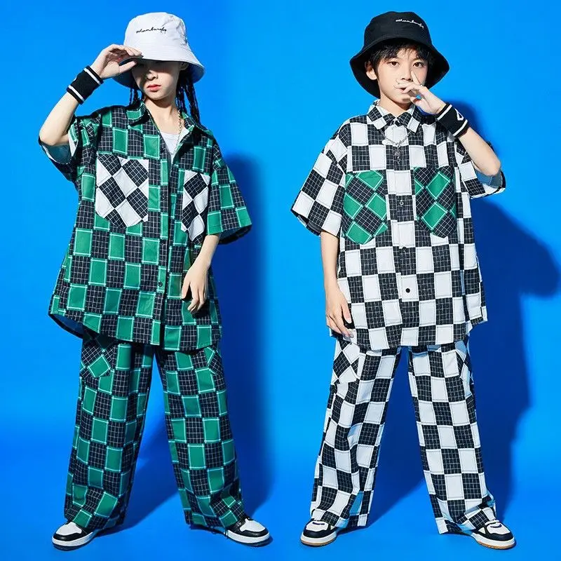 

Kid Cool Hip Hop Clothing White Green Checkered Shirt Top Casual Street Wide Pants for Girl Boy Jazz Dance Costume Clothes Set
