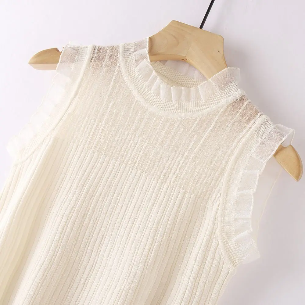 

2024 Women's Summer New Stitching Sweater Sleeveless Top Female Ice Silk Thin Camisole Ladies Solid Color Knit Tanks Tops H92