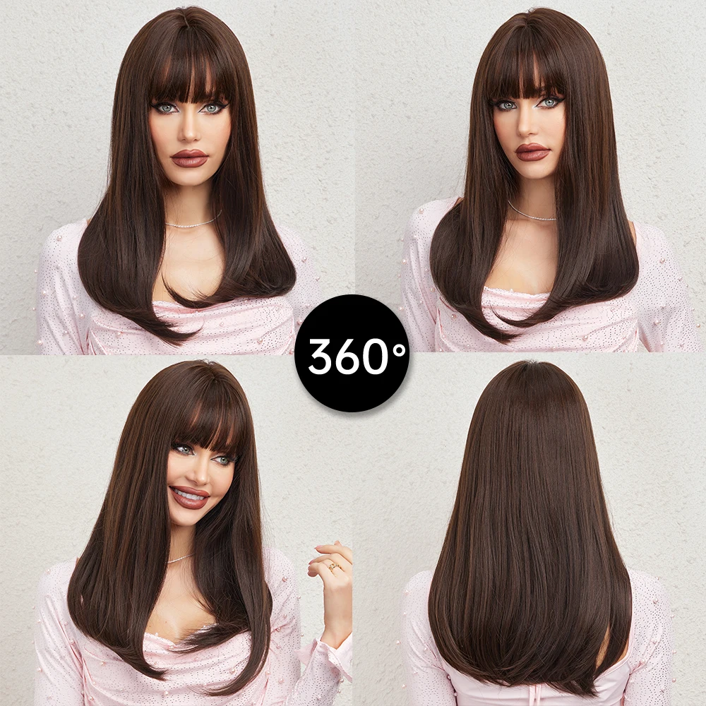 Perruques synthétiques brunes naturelles pour femmes, cheveux mi-longs avec  frange, droites, cheveux bruns chocolat, utilisation 03, degré de chaleur -  AliExpress, image size:1000x1000