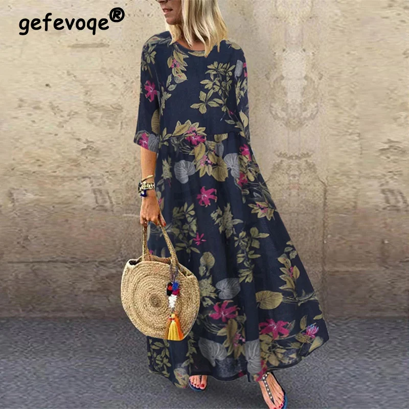 Summer Autumn O Neck Cotton Vintage Floral Print Dress Women Oversized Loose Casual Long Dresses Robe Femme Comfortable Vestidos