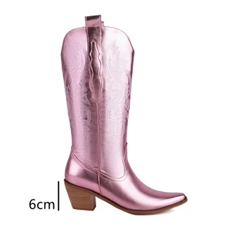 Ochanmeb Big Size 46 Women Knee-high Western Boots Silver Gold Slip-on Embroider Cowboy Boot Cowgirl Metallic Red Pink Blue Shoe 6