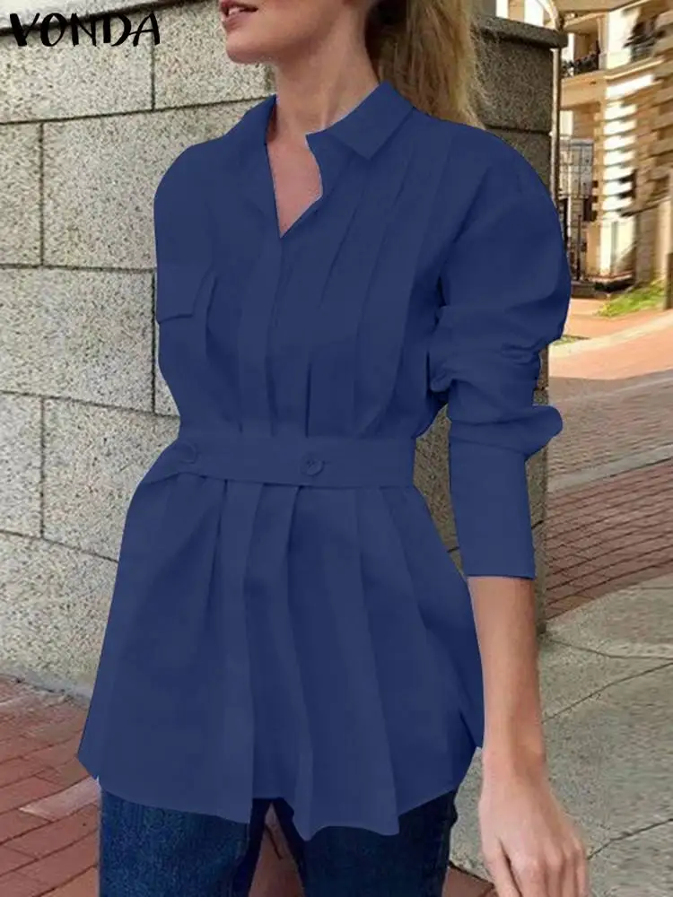 

Модные женские рубашки VONDA 2023 с длинным рукавом и поясом, топы, лацканы, Повседневная Блузка на пуговицах, плиссированные элегантные однотонные офисные Блузы