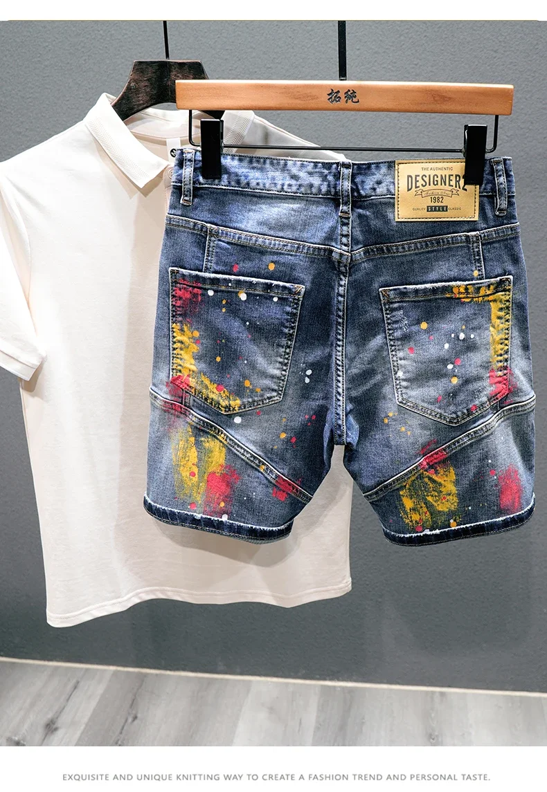 Men Fashion Denim Shorts Jeans New Summer Male Blue Ripped Jeans Shorts High Quality Man Paint Splash Technology Denim
