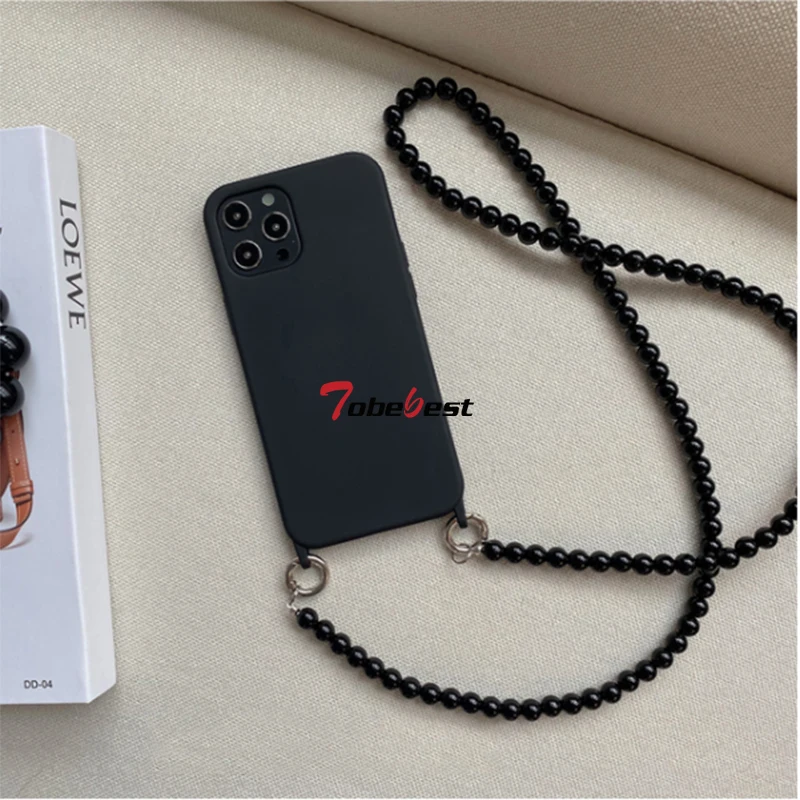 INS Crossbody Lanyard Necklace Silicone Phone Case with Round Bead Chain