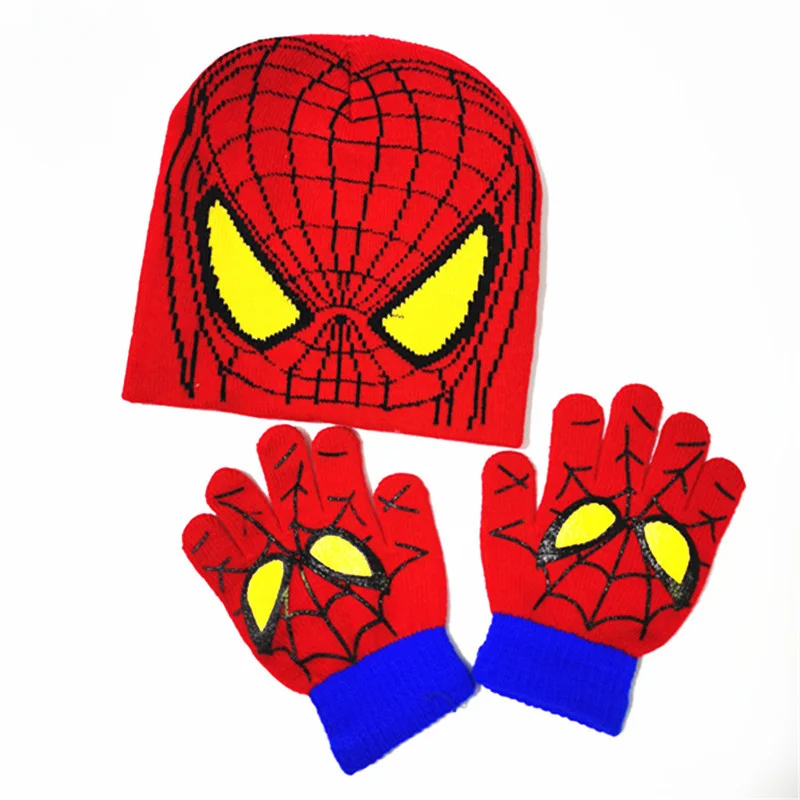 2Pcs Disney Anime Spiderman Winter Knitted Hat And Gloves Set For Boy Girl Outdoor Warm Baby Knit Hats Kids Cartoon Beanies Hat 1