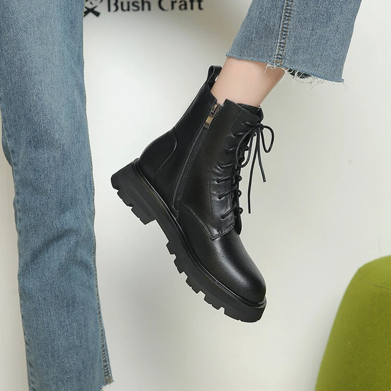 

Autumn Women Boots Genuine Leather Shoes Round Toe Chunky Heel Short Boots for Women Designer Boots Brand Women Shoes Fall Shoes
