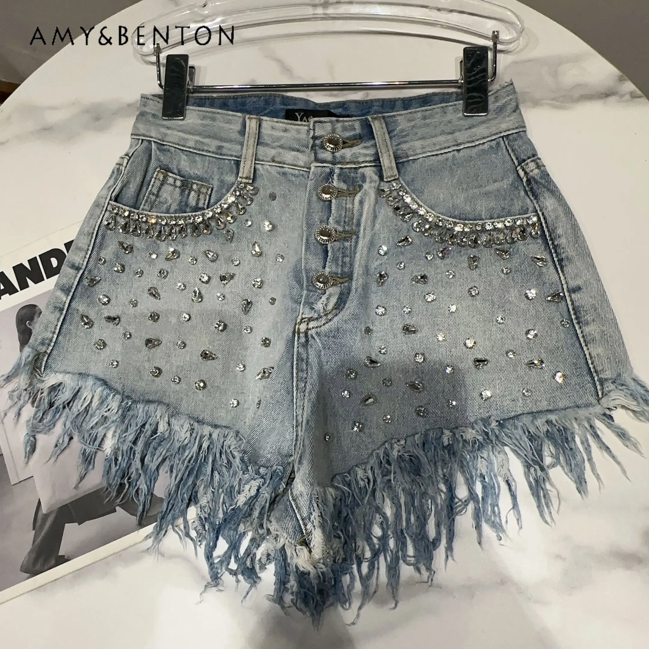 Spring New Street Hot Girl Rhinestone Beaded Tassel Denim Shorts Women Fashionable Elegant Y2K High Waist Slim Wide Leg Pants