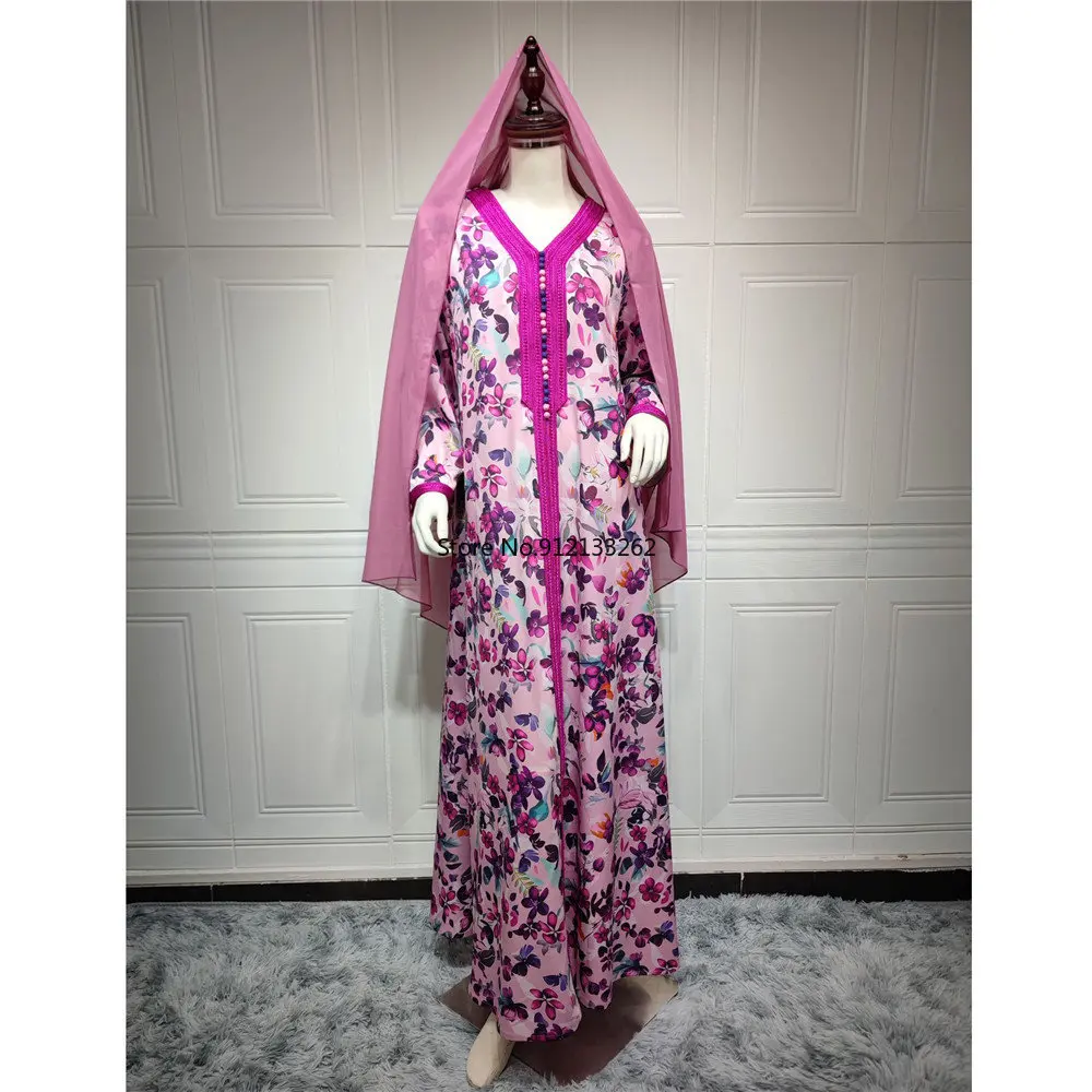 

Floral Printed Jalabiya Arab Party Evening Ball Gown Dubai Saudi Abayas for Women Islam Ramadan Eid Muslim Dress Moroccan Caftan