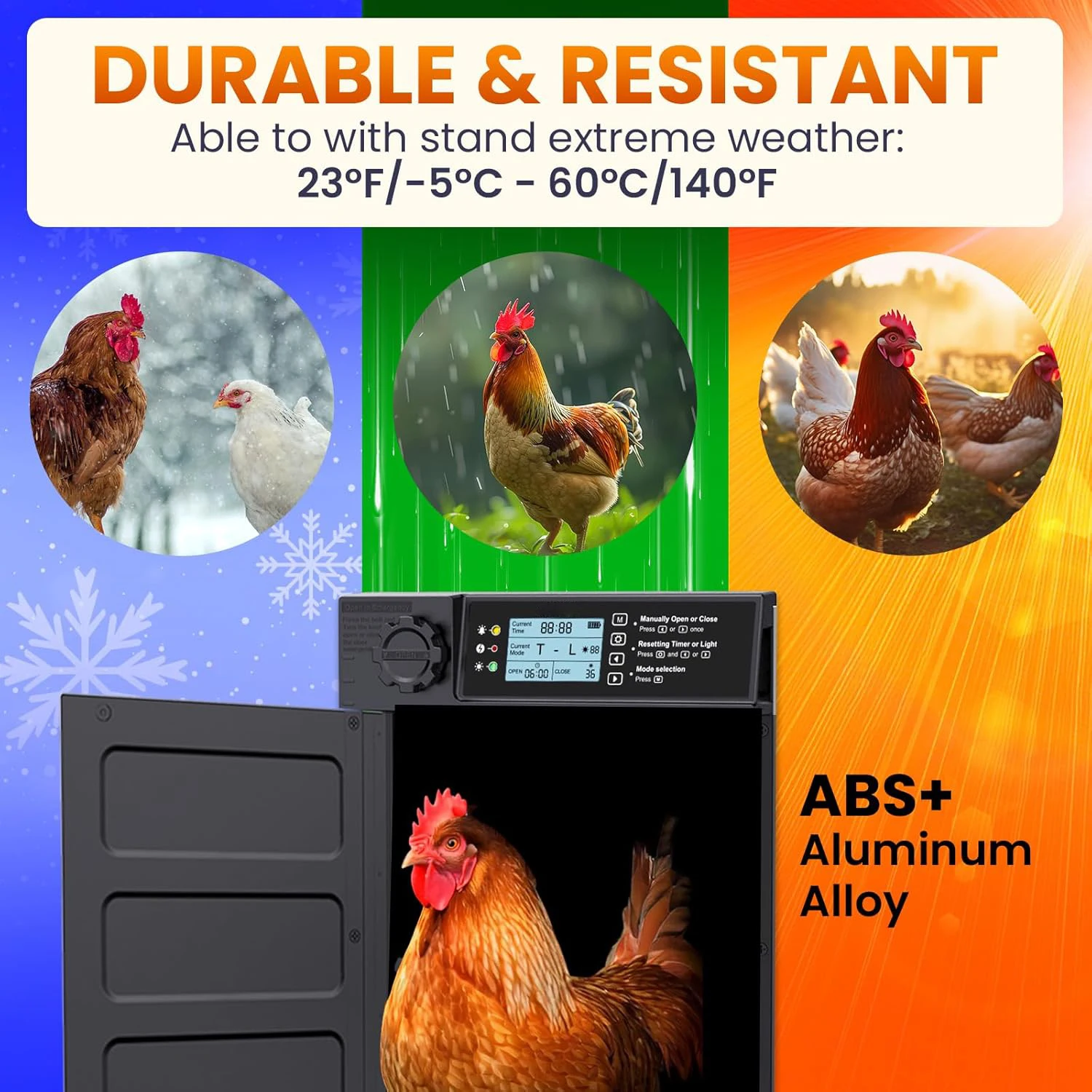 Okköbi Automatic Chicken Coop Door PRO - Light Sensor & Timer - Anti-Pinch Function - Wide Opening - New