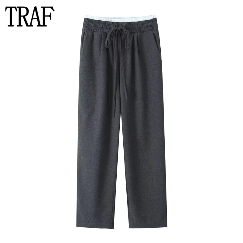 

TRAF Pleated Baggy Pants Woman Contrast Wide Leg Pants for Women 2024 Winter High Waist Trousers Womens Masculine Women's Pants