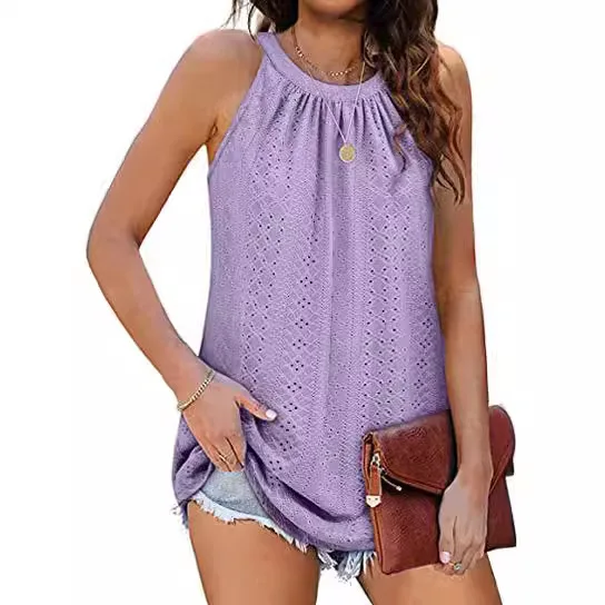 Women's Vest Top Round Neck Sleeveless Vest Female Hollow Out Comfortable Breathable Tops Casual Multiple Colors Available