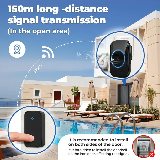 Wireless Doorbell Smart Home Welcome Door Bell 60 Ringtones 150M Long Distance Outdoor House Door Chime Kit Battery Free 3