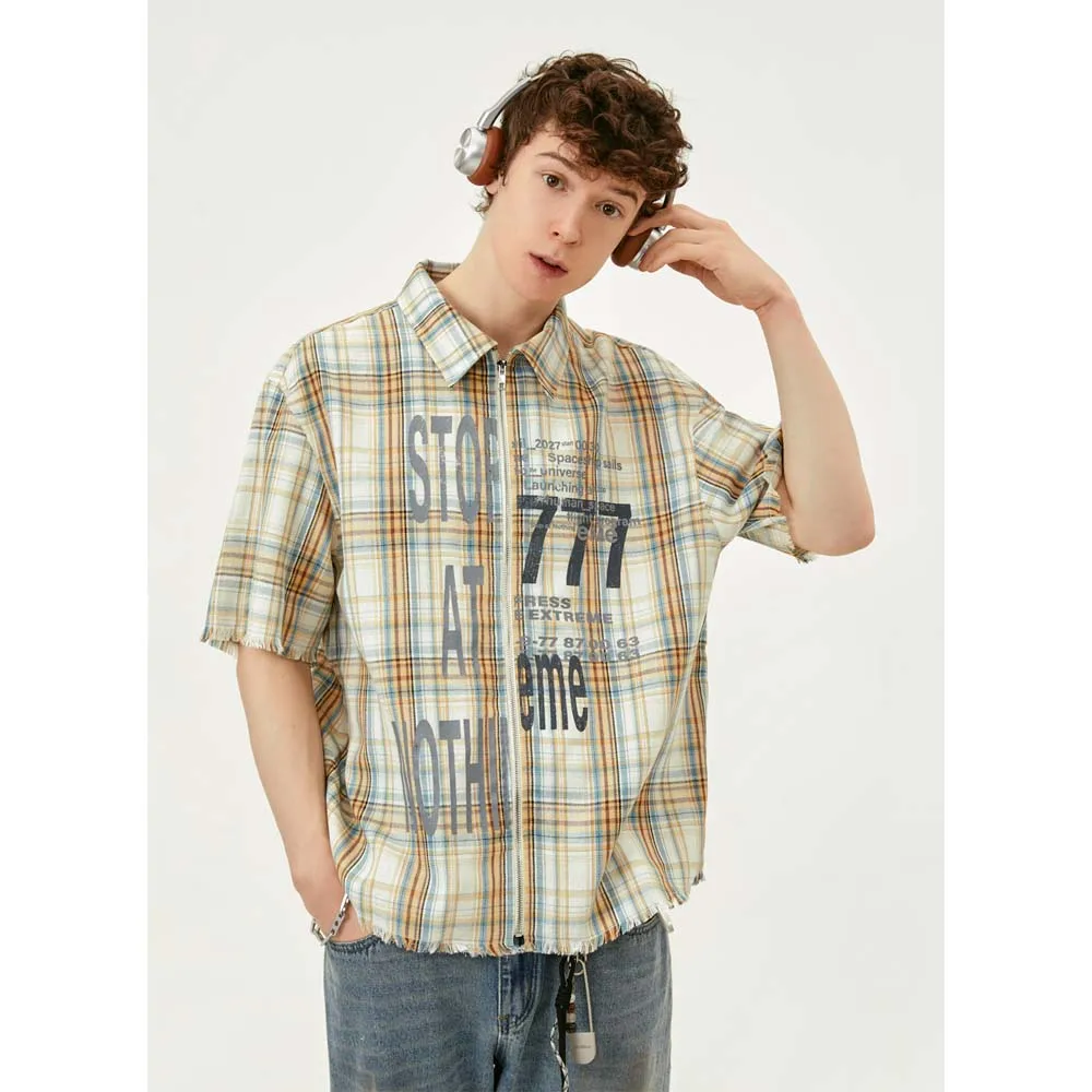 

MADE EXTREME Washed Tassel Plaid Short Sleeved Shirt for Men